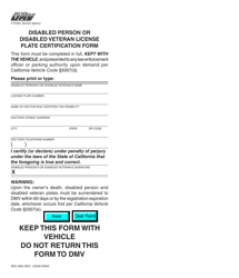 Document preview: Form REG3060 Disabled Person or Disabled Veteran License Plate Certification Form - California
