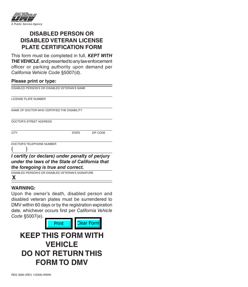 Form REG3060 Disabled Person or Disabled Veteran License Plate Certification Form - California, Page 1