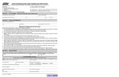 Document preview: Form REG352 Year of Manufacture (Yom) License Plate Application - California