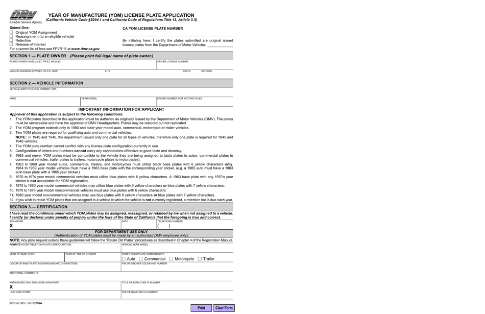 Form REG352 Year of Manufacture (Yom) License Plate Application - California, Page 1