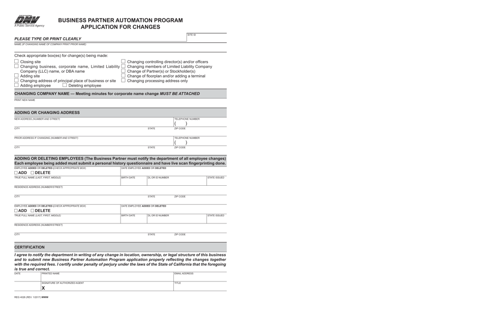 Form REG4026 Application for Changes - Business Partner Automation Program - California, Page 1