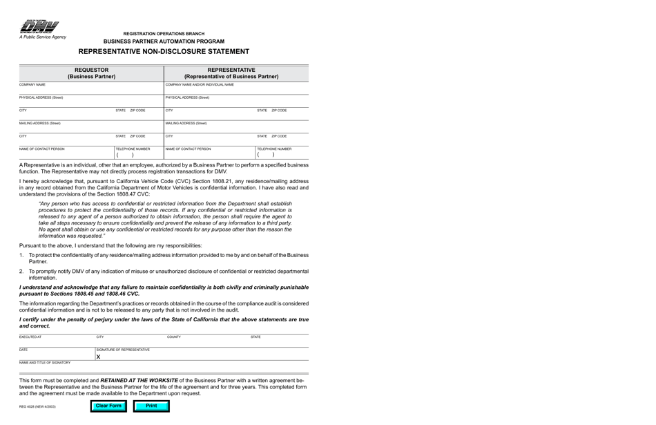 Form REG4028 Representative Non-disclosure Statement - Business Partner Automation Program - California, Page 1