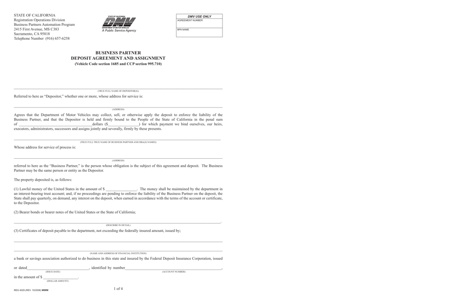 Form REG4029 Business Partner Deposit Agreement and Assignment - California, Page 1