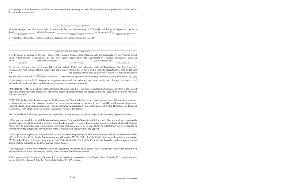 Form REG4029 Business Partner Deposit Agreement and Assignment - California, Page 2