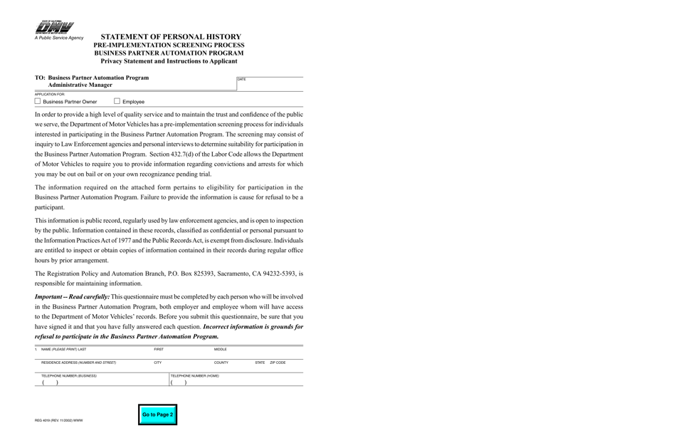 Form REG4019 Statement of Personal History - Pre-implementation Screening Process - Business Partner Automation Program - California, Page 1