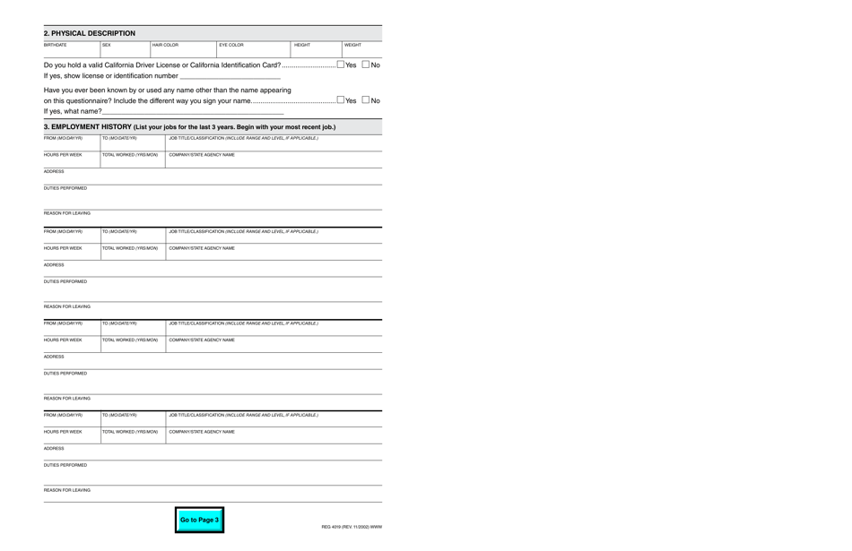 Form REG4019 Statement of Personal History - Pre-implementation Screening Process - Business Partner Automation Program - California, Page 2