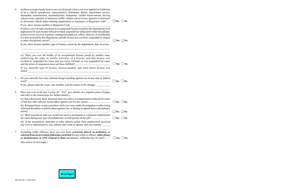 Form REG4019 Statement of Personal History - Pre-implementation Screening Process - Business Partner Automation Program - California, Page 3