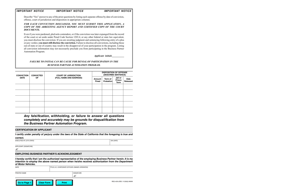 Form REG4019 Statement of Personal History - Pre-implementation Screening Process - Business Partner Automation Program - California, Page 4
