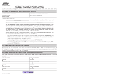 Form REG5 &quot;Affidavit for Transfer Without Probate - California Titled Vehicle or Vessels Only&quot; - California