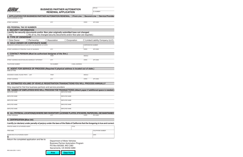 Form REG5056 Business Partner Automation Renewal Application - California, Page 1