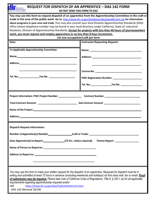 Form DAS142 Request for Dispatch of an Apprentice - California