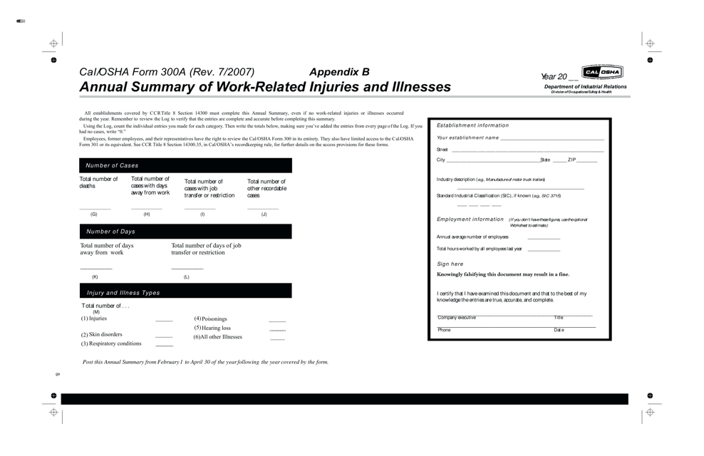 Cal/OSHA Form 300A Appendix B Annual Summary of Work-Related Injuries and Illnesses - California