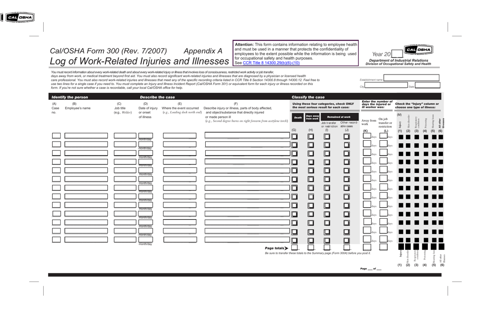 Cal/OSHA Form 300 Appendix A  Printable Pdf