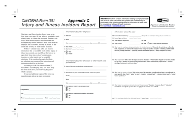 Document preview: Cal/OSHA Form 301 Appendix C Injury and Illness Incident Report - California