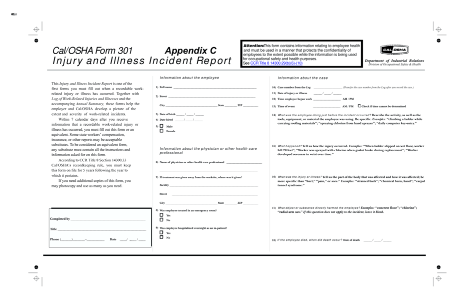 Cal / OSHA Form 301 Appendix C Injury and Illness Incident Report - California, Page 1