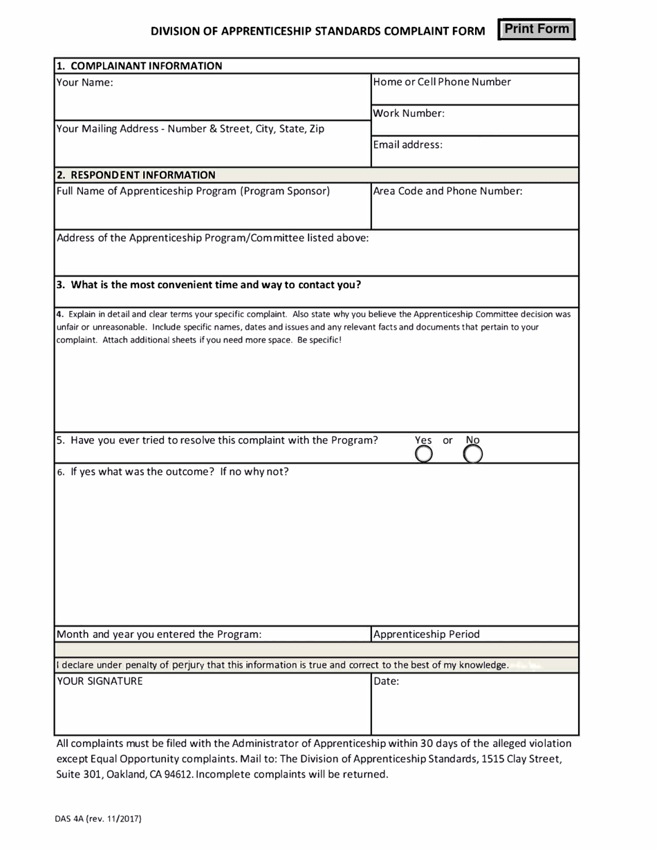 Form DAS4A Division of Apprenticeship Standards Complaint Form - California, Page 1