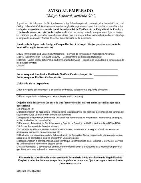 Formulario DLSE-NTE90.2 Aviso Al Empleado - California (Spanish)