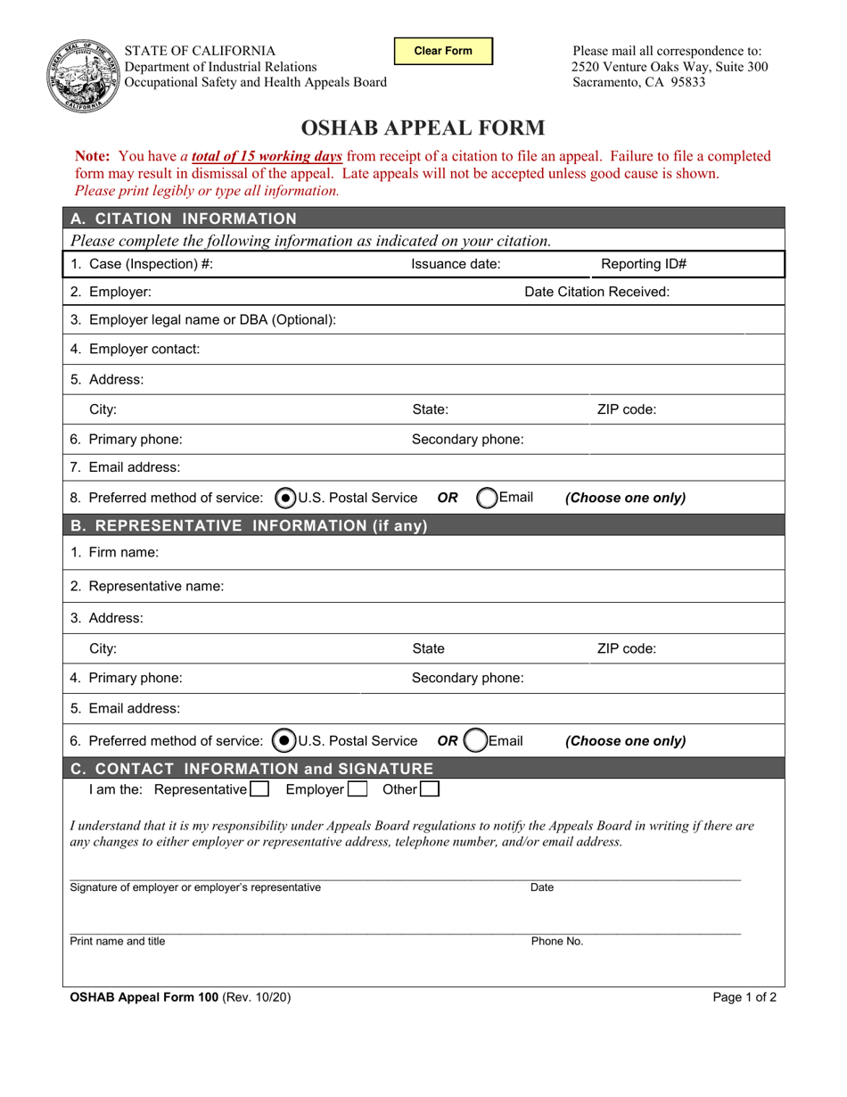 Form 100 Oshab Appeal Form - California, Page 1