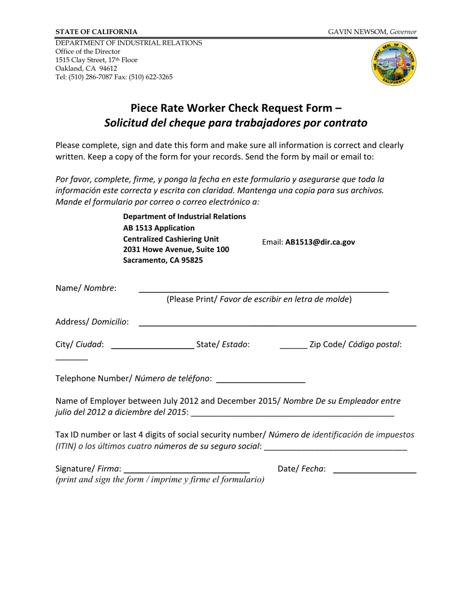 California Piece Rate Worker Check Request Form (English/Spanish) Fill Out, Sign Online and