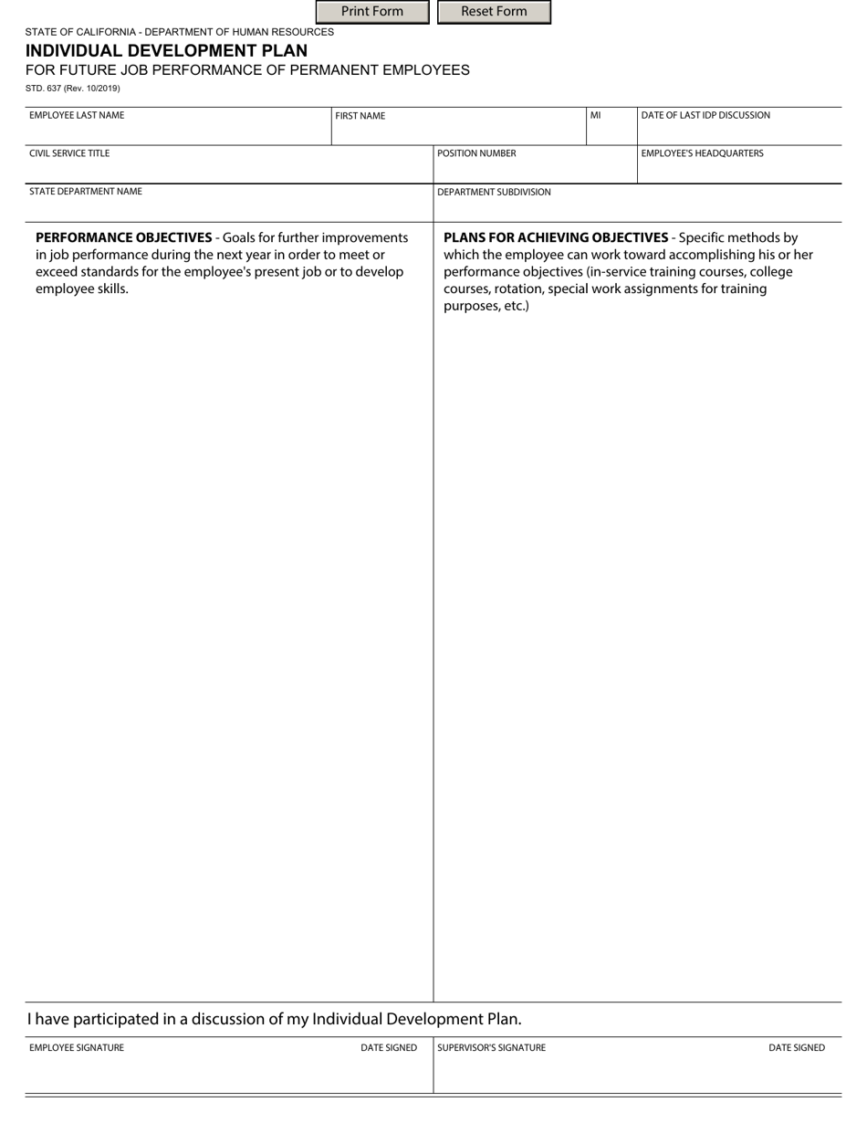 Form STD.637 Individual Development Plan for Future Job Performance of Permanent Employees - California, Page 1