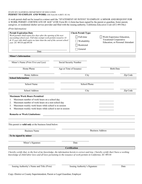 CDE Form B1-4 Permit to Employ and Work - California