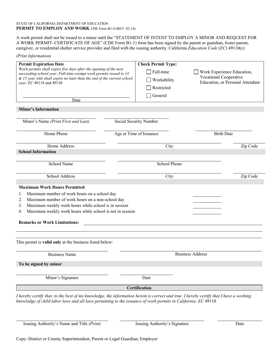 CDE Form B1-4 Permit to Employ and Work - California, Page 1