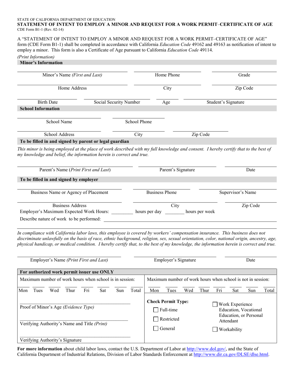 CDE Form B1-1 Statement of Intent to Employ a Minor and Request for a Work Permit - Certificate of Age - California, Page 1