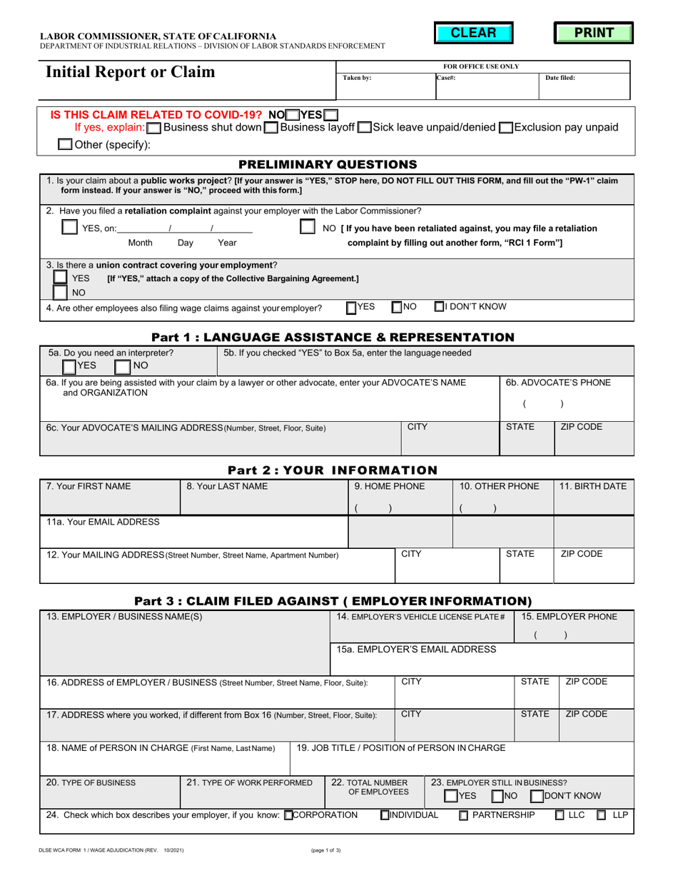 DLSE WCA Form 1 Initial Report or Claim - California, Page 1