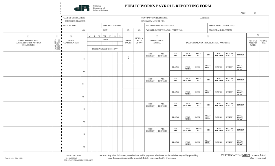Form A-1-131 Public Works Payroll Reporting Form - California, Page 1