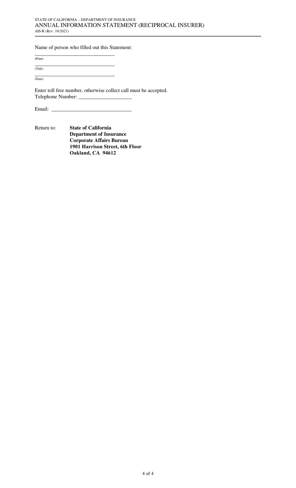 Form AIS-R Annual Information Statement (Reciprocal Insurer) - California, Page 4