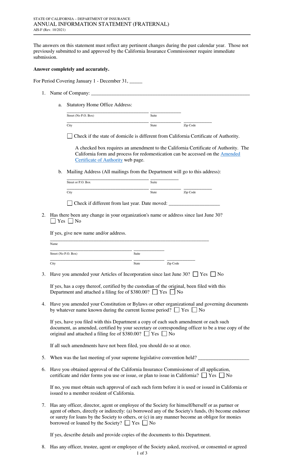 Form AIS-F Annual Information Statement (Fraternal) - California, Page 1