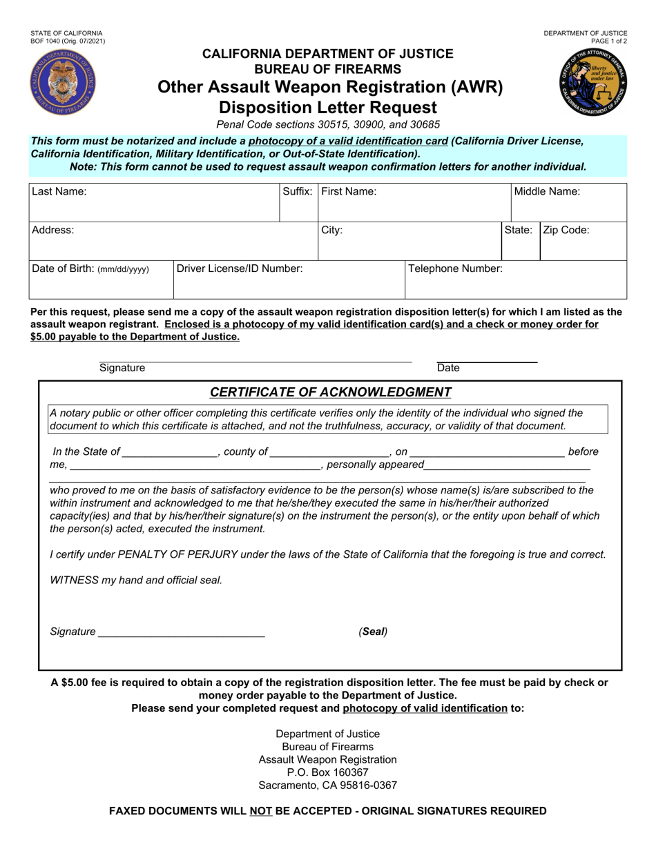 Form BOF1040 Other Assault Weapon Registration (Awr) Disposition Letter Request - California, Page 1