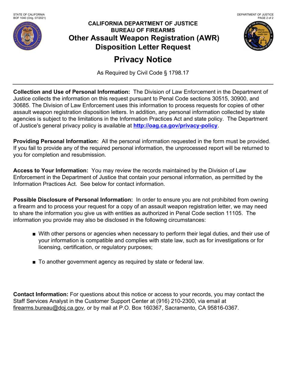 Form BOF1040 Other Assault Weapon Registration (Awr) Disposition Letter Request - California, Page 2