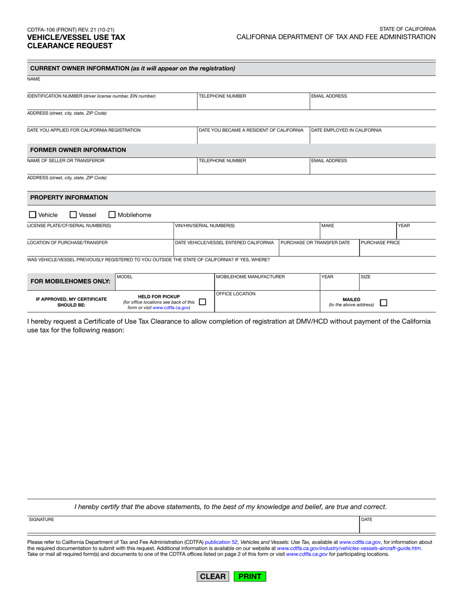 Form CDTFA-106 Vehicle / Vessel Use Tax Clearance Request - California, Page 2