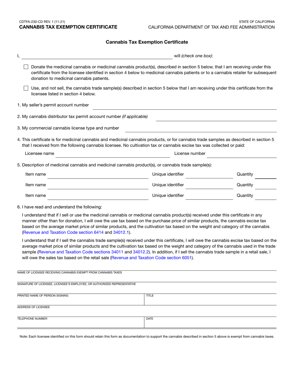 Form CDTFA-230-CD Cannabis Tax Exemption Certificate - California, Page 1