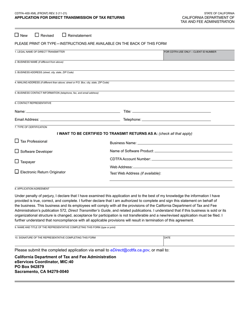 Form CDTFA-400-XML Application for Direct Transmission of Tax Returns - California, Page 1
