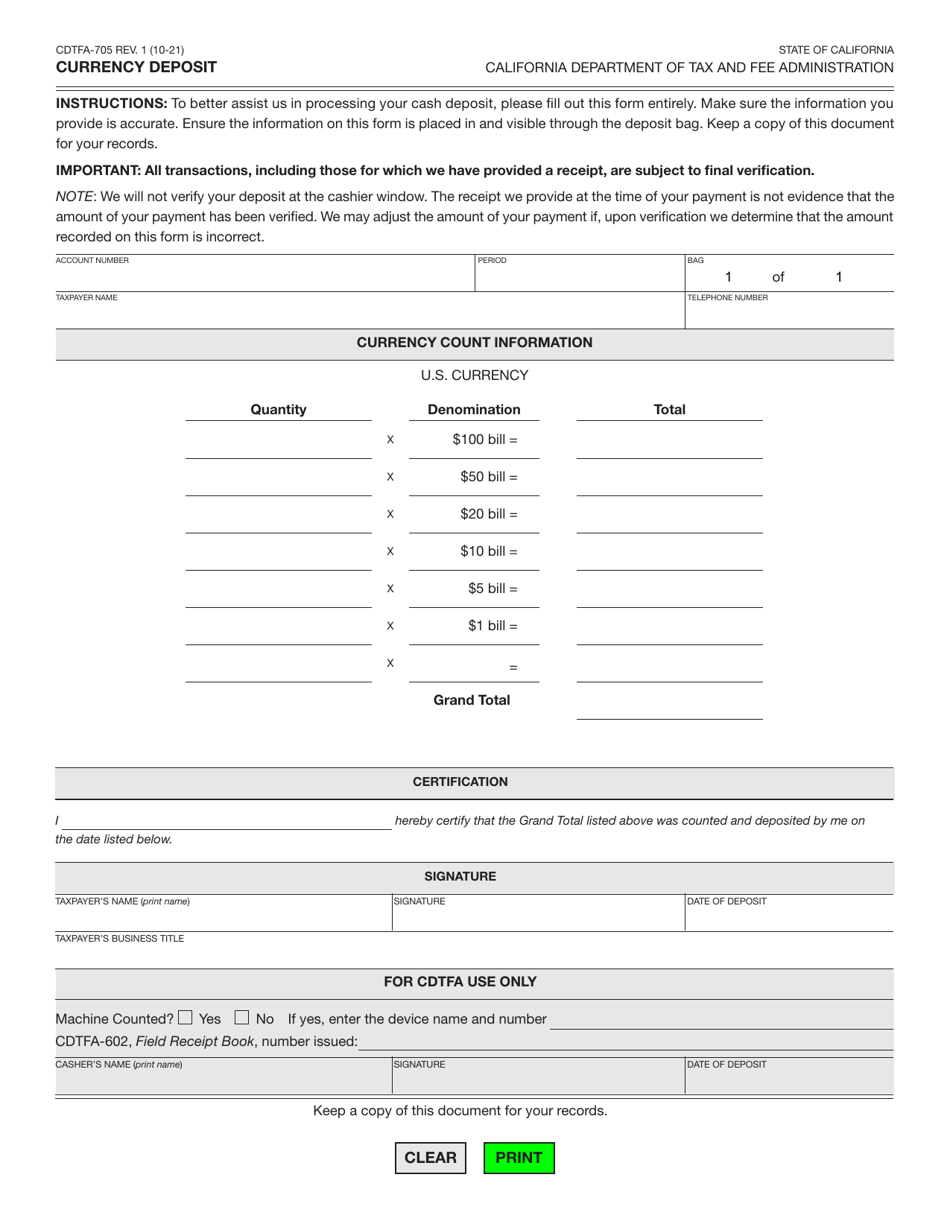 Form CDTFA-705 Currency Deposit - California, Page 1