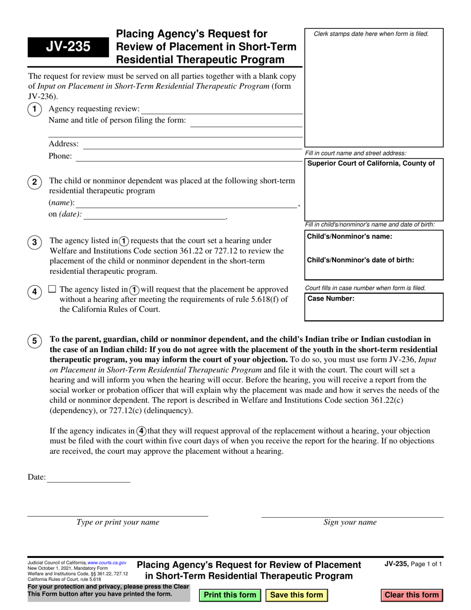 Form JV-235 Placing Agencys Request for Review of Placement in Short-Term Residential Therapeutic Program - California, Page 1