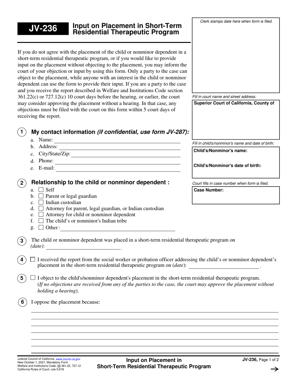Form JV-236 Input on Placement in Short-Term Residential Therapeutic Program - California, Page 1