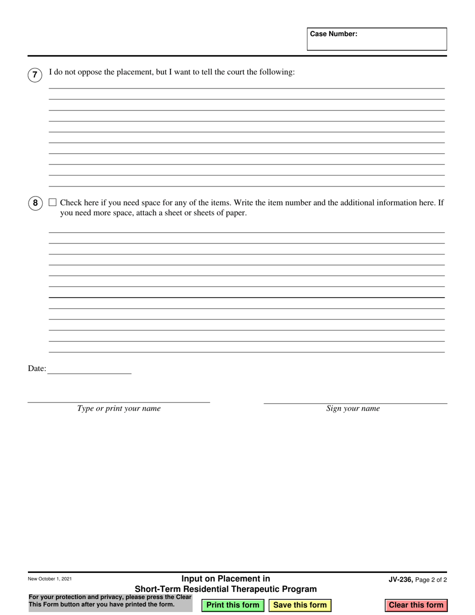 Form JV-236 Input on Placement in Short-Term Residential Therapeutic Program - California, Page 2