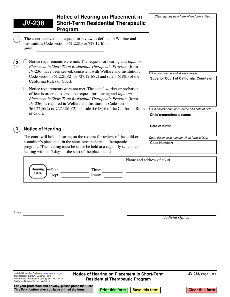 Form JV-238 Notice of Hearing on Placement in Short-Term Residential Therapeutic Program - California, Page 1