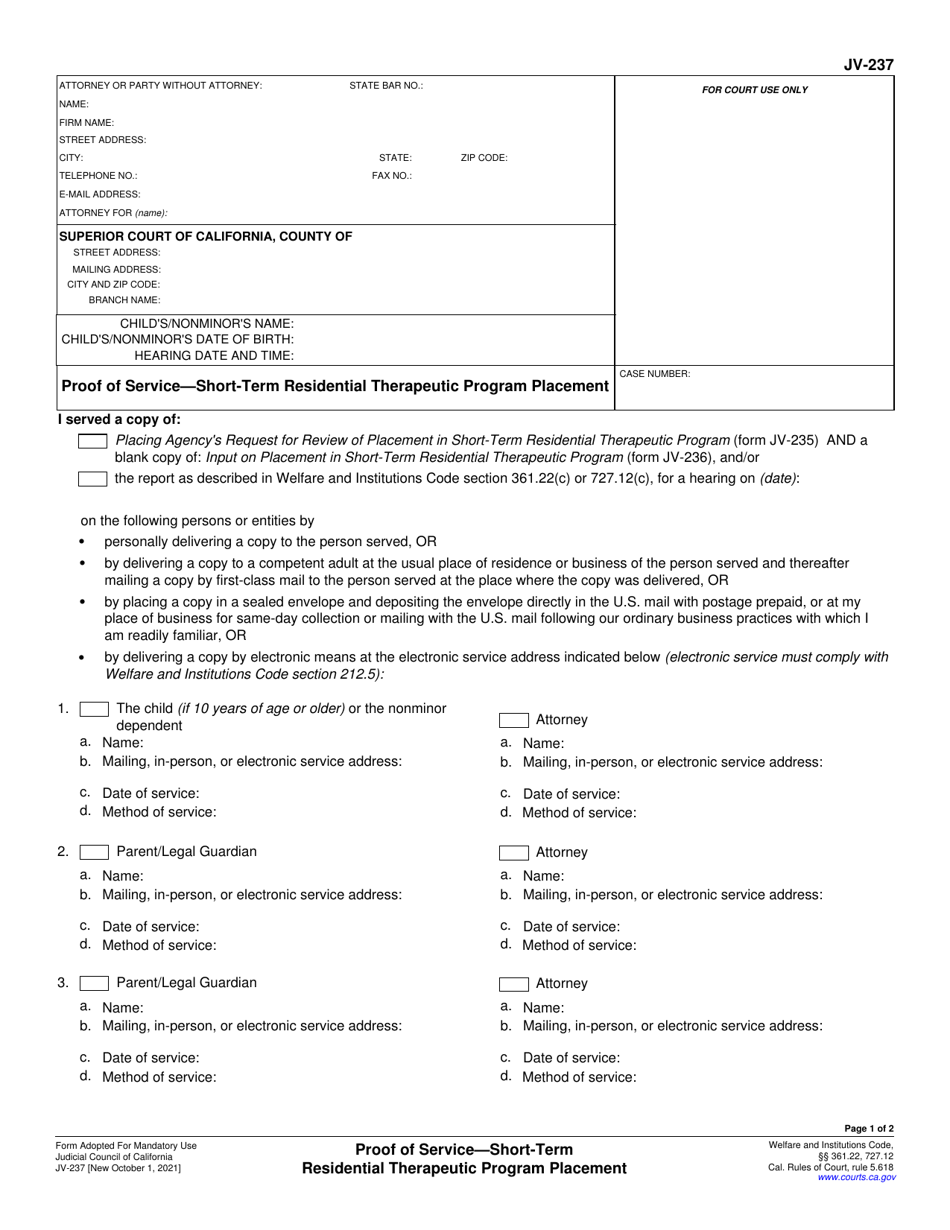 Form JV-237 Proof of Service - Short-Term Residential Therapeutic Program Placement - California, Page 1