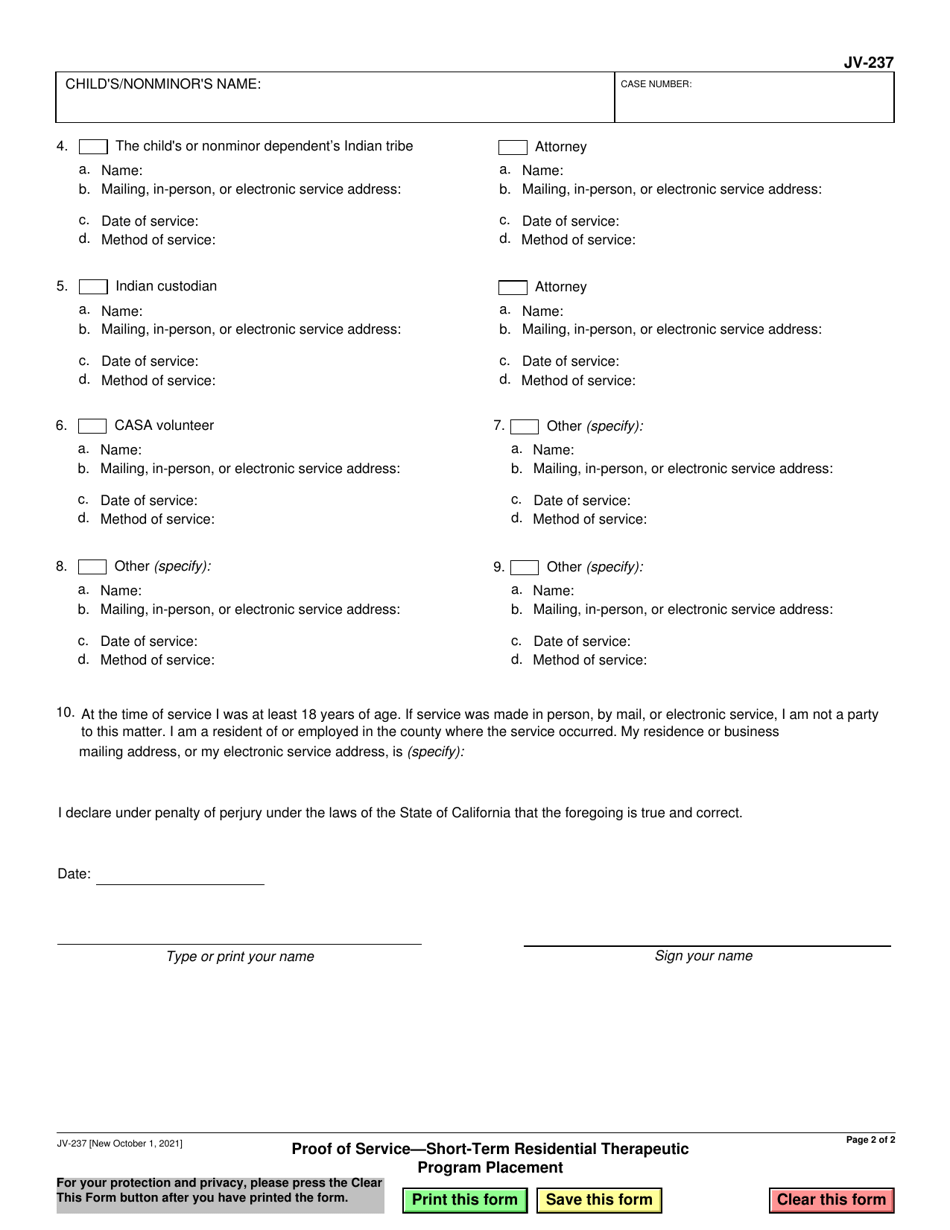 Form JV-237 Proof of Service - Short-Term Residential Therapeutic Program Placement - California, Page 2