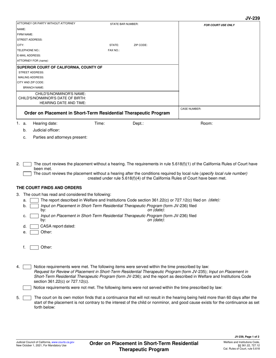 Form JV-239 Order on Placement in Short-Term Residential Therapeutic Program - California, Page 1