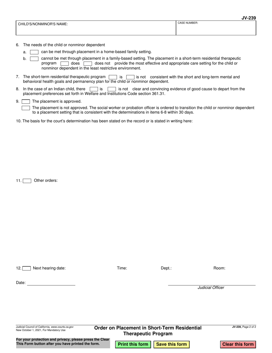 Form JV-239 Order on Placement in Short-Term Residential Therapeutic Program - California, Page 2
