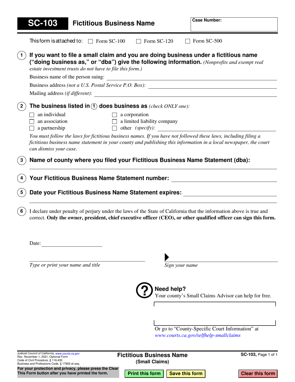 Form SC-103 Fictitious Business Name - California, Page 1