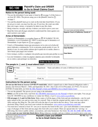 Form SC-100 &quot;Plaintiff's Claim and Order to Go to Small Claims Court&quot; - California (English/Spanish)