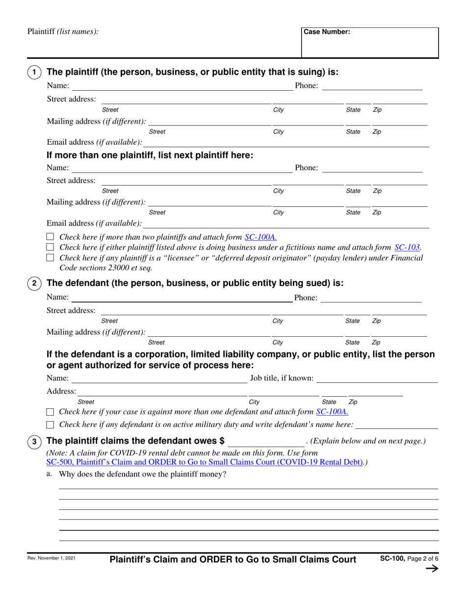 Form SC-100 Plaintiffs Claim and Order to Go to Small Claims Court - California (English / Spanish), Page 2