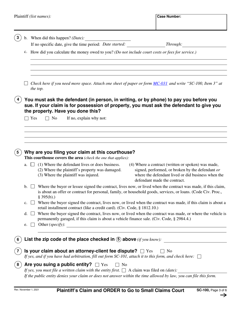 Form SC-100 Plaintiffs Claim and Order to Go to Small Claims Court - California (English / Spanish), Page 3