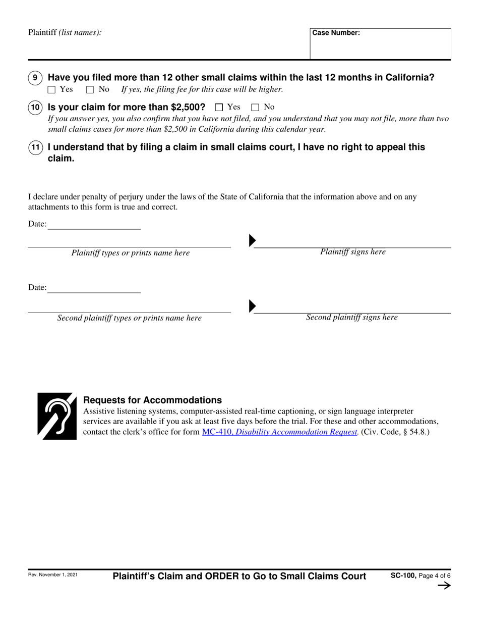 Form SC-100 Plaintiffs Claim and Order to Go to Small Claims Court - California (English / Spanish), Page 4